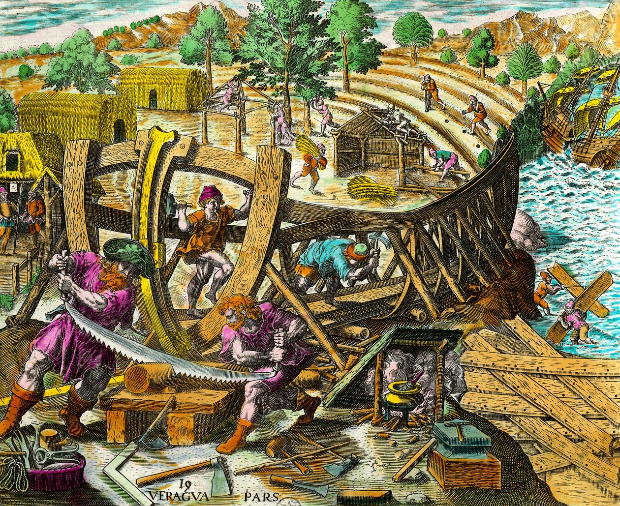 Costruzione di una barca per il navigatore spagnolo Vasco Núñez de Balboa (1475-1517). Incisione da Storia delle Americhe di Theodore de Bry (1528-1598) XVI secolo. Collezione privata da Theodore de Bry