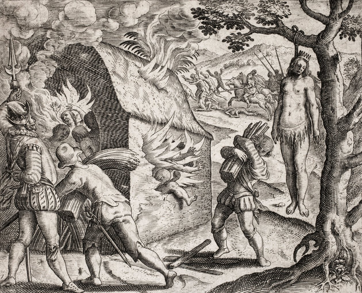 Descrizione dei crimini inflitti agli indiani dai coloni spagnoli - Incendio di un villaggio indiano da parte dei Conquistadores. Impiccagione - Incisione di Theodore de Bry in "Narratio regionum indicarum per Hispanos quosdam devastatarum verissima" di Ba da Theodore de Bry