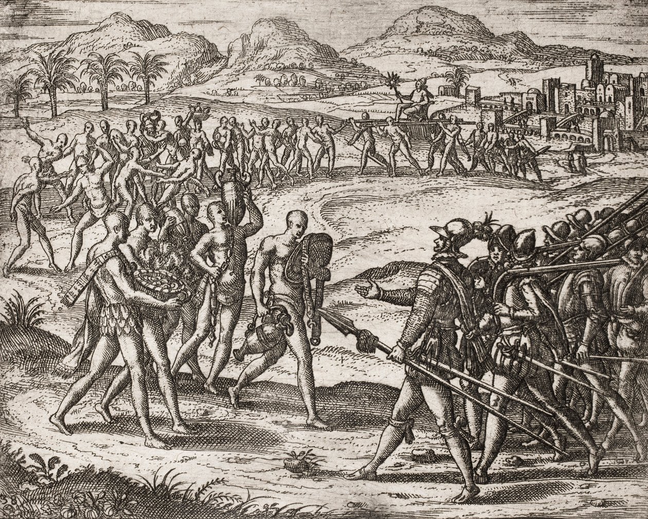 Descrizione dei crimini inflitti agli indiani dai coloni spagnoli - Indiani che portano doni e oro ai Conquistadores - Incisione di Theodore de Bry in 