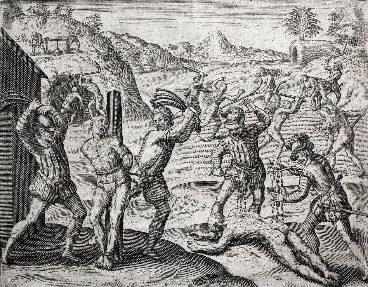 Descrizione dei crimini inflitti agli indiani dai coloni spagnoli - Spagnoli che torturano indiani - Incisione di Theodore de Bry in "Brevisima Relacion de la Destruction de las Indias" di Bartolome de las Casas (1484-1566) da Theodore de Bry