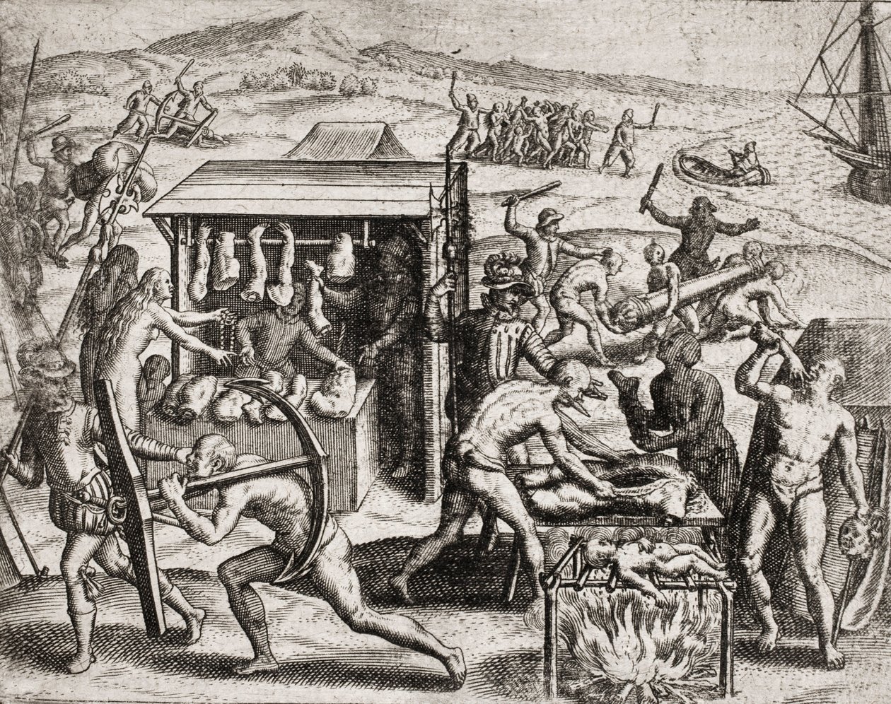 Descrizione dei crimini inflitti agli indiani dai coloni spagnoli - Conquistadores spagnoli che fanno lavorare gli indiani e li maltrattano - Indiani antropofagi - Incisione di Theodore de Bry in "Narratio regionum indicarum per Hispanos quosdam devastatar da Theodore de Bry