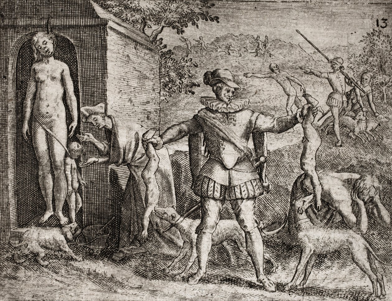 Descrizione dei crimini inflitti agli indiani dai coloni spagnoli - Conquistadores spagnoli che massacrano donne e bambini indiani. Impiccagione. Bambini gettati ai cani - Incisione di Theodore de Bry in 