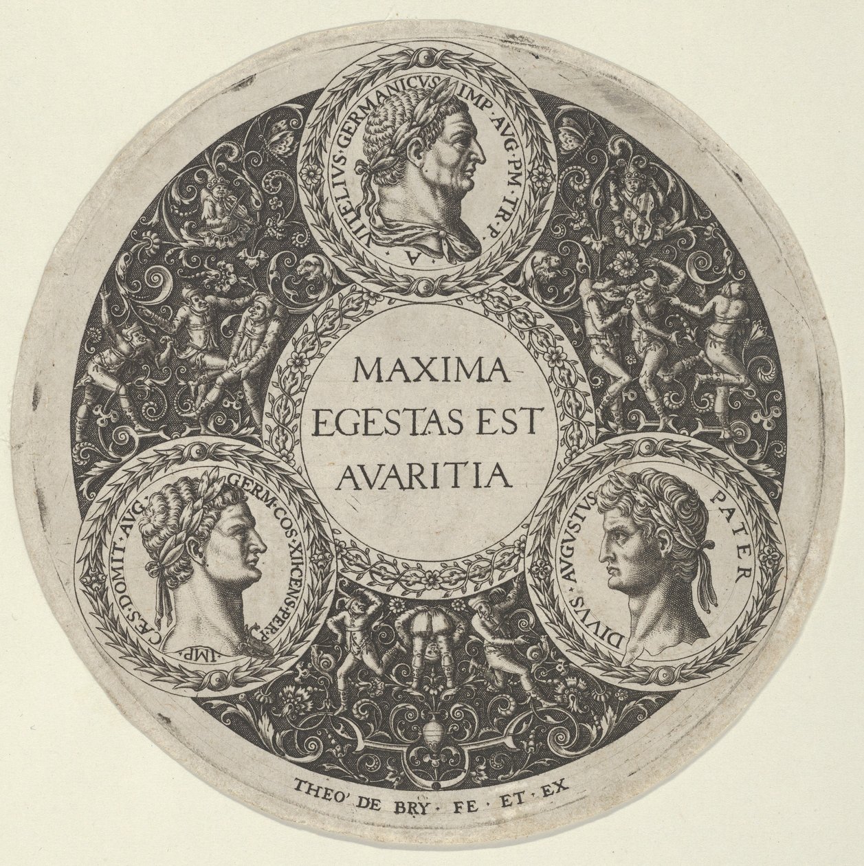 Design per un piatto con ritratti degli imperatori romani Vitellio, Domiziano e Augusto, ca. 1588 da Theodore de Bry