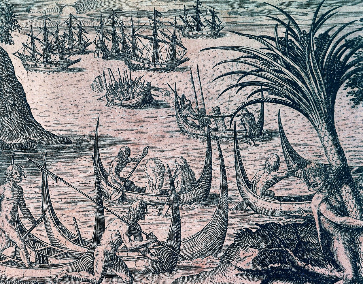 Navi olandesi nello Stretto di Magellano, incisione da Storia Americana di Theodore de Bry (1528-1598), Francoforte da Theodore de Bry