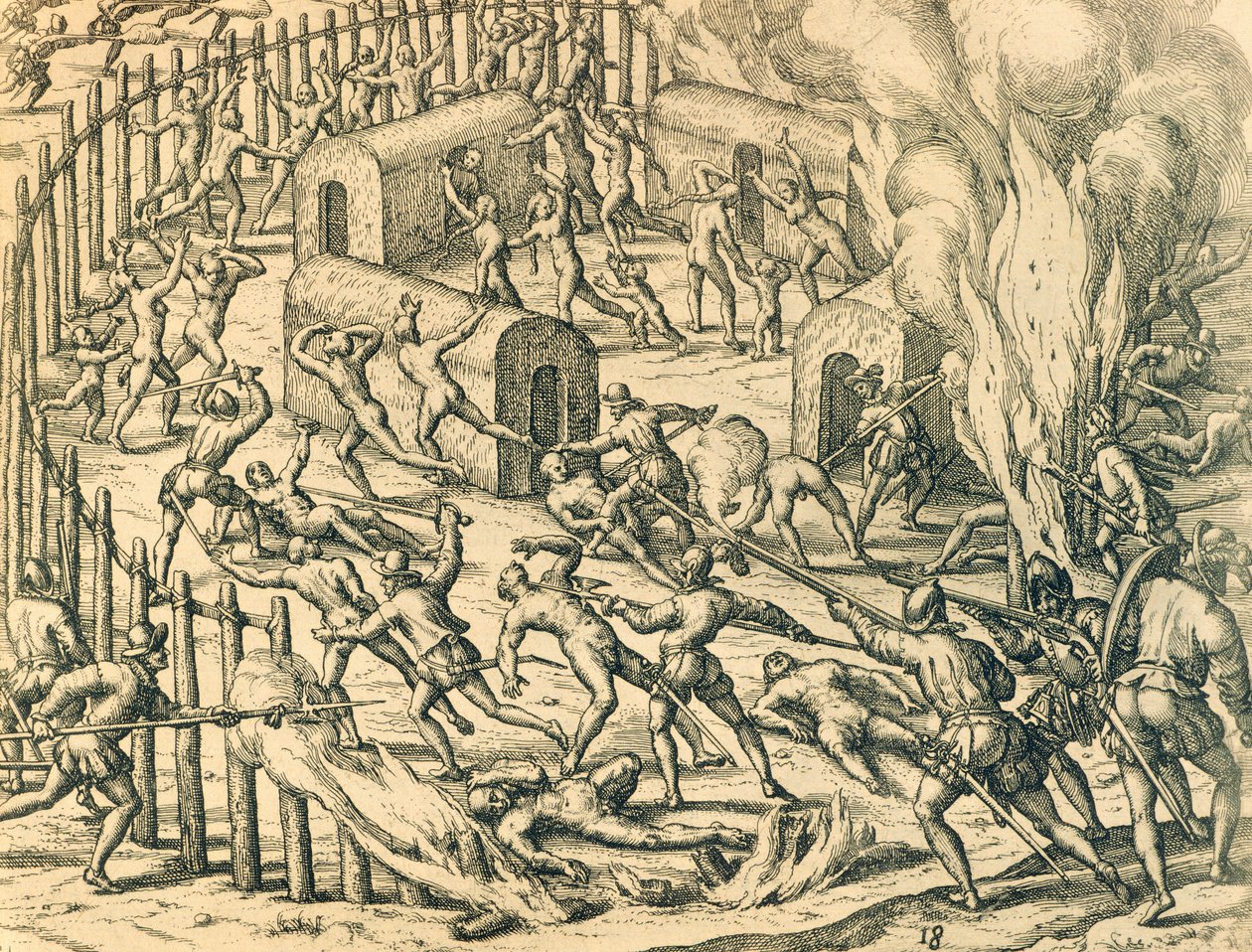 Conquistatori europei che attaccano un villaggio indiano, illustrazione da Storia americana di Theodore de Bry da Theodore de Bry