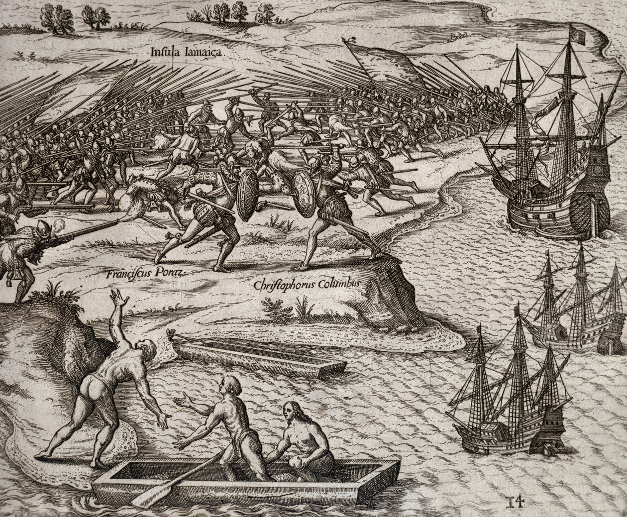 Combattimento tra Cristoforo Colombo e Francesco Poresio in Giamaica, incisione di Theodor de Bry (1528-1598) da Theodore de Bry