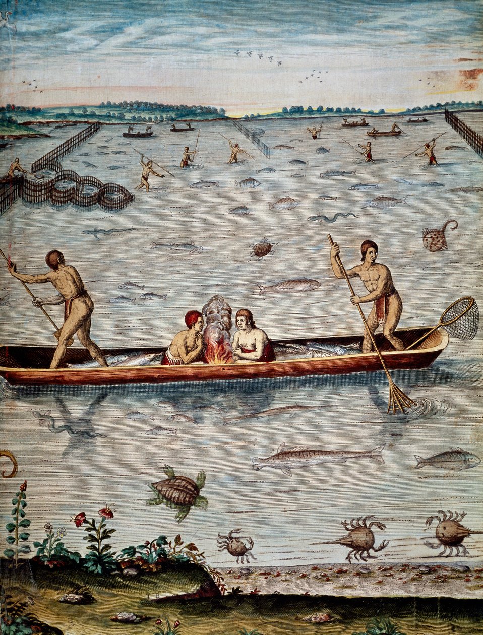 Tecniche di pesca dei nativi in Virginia, incisione di Theodor de Bry da Admiranda narratio trust tamen, commodis et de incolarvm ritibvs Virginae da Theodore de Bry