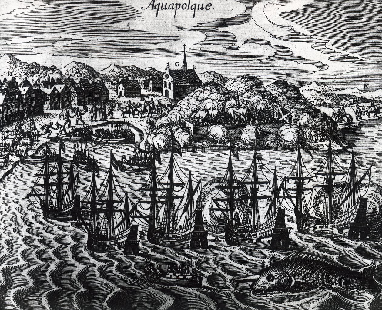 Flotta di galeoni nel porto di Acapulco, incisione di Theodor de Bry (1528-1598) da Theodore de Bry