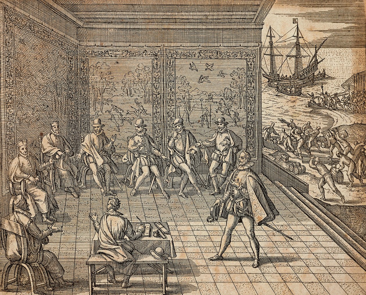Francesco Pizarro si prepara per la sua spedizione in Sud America da Theodore de Bry