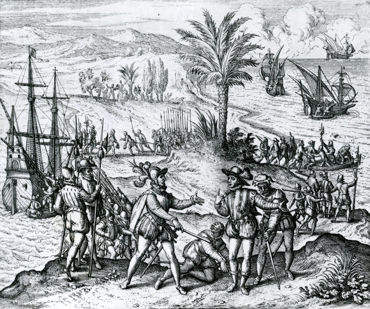 Francisco de Bobadilla che arriva come governatore e arresta Cristoforo Colombo (1451-1506) a Hispaniola, 1500, 1590 da Theodore de Bry