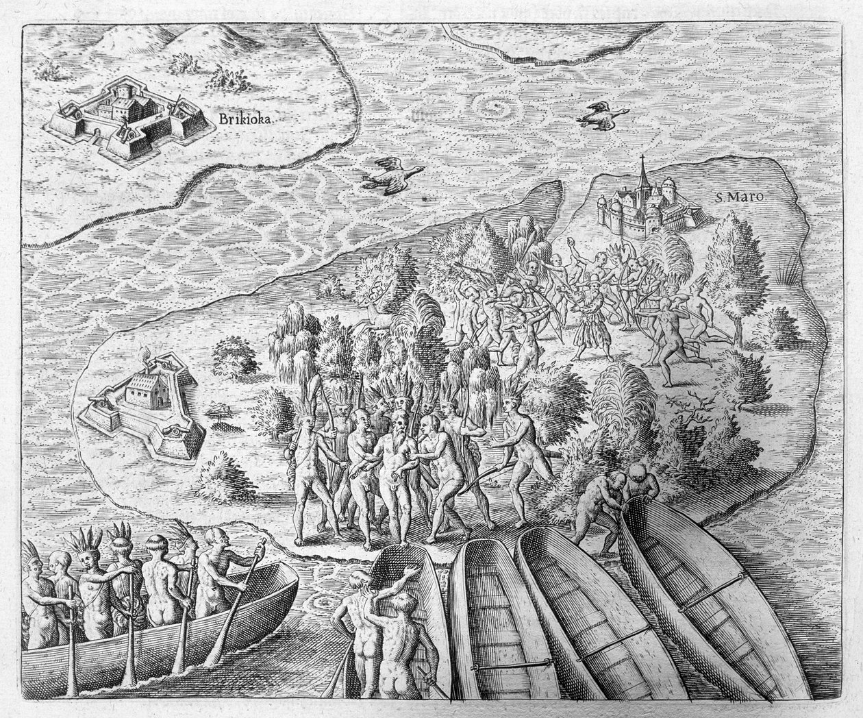 Hans Staden catturato dagli indiani Tupinamba durante il suo viaggio in Brasile, 1552, da 