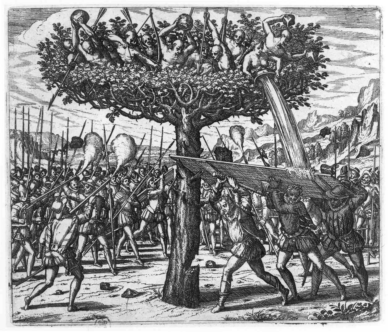 Indiani su un Albero che Lanciano Proiettili agli Spagnoli da Theodore de Bry