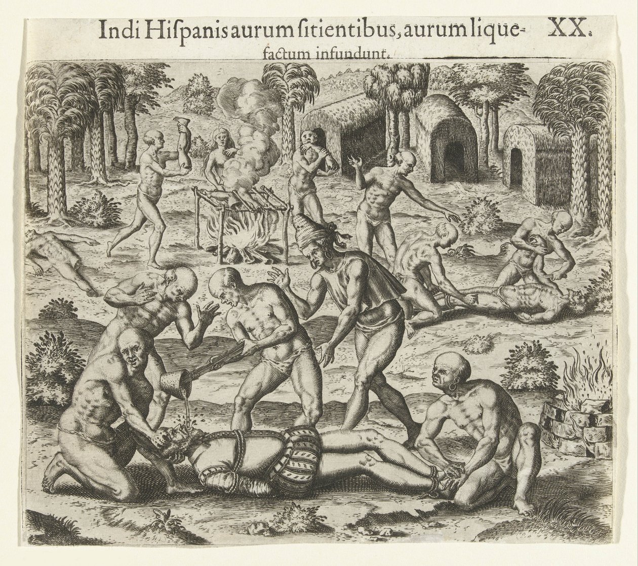 Gli indiani versano oro liquido nella bocca di uno spagnolo, 1594 da Theodore de Bry