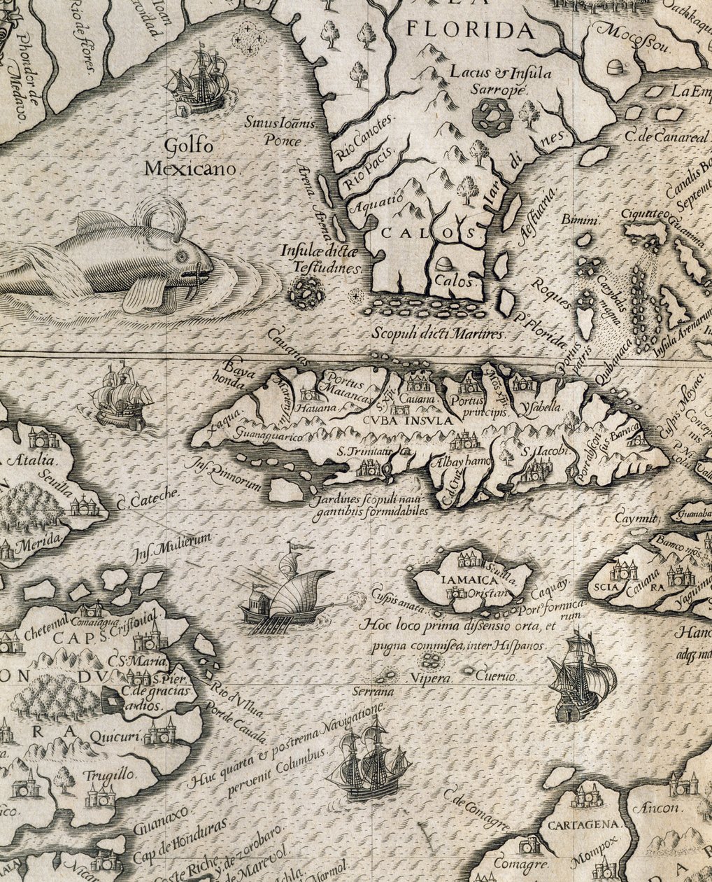 Isola di Cuba, Florida e Golfo del Messico, incisione da "Storia dei grandi viaggi americani" da Theodore de Bry