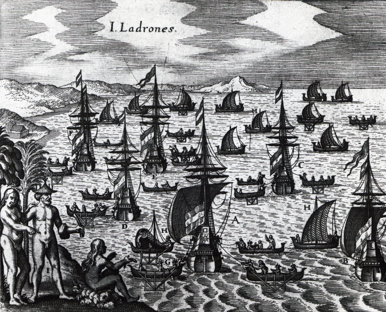 Isole dei Ladri (Islas de los Ladrones, oggi isole Marianne), incisione da Peregrinationes, di Theodor de Bry. XVI secolo da Theodore de Bry