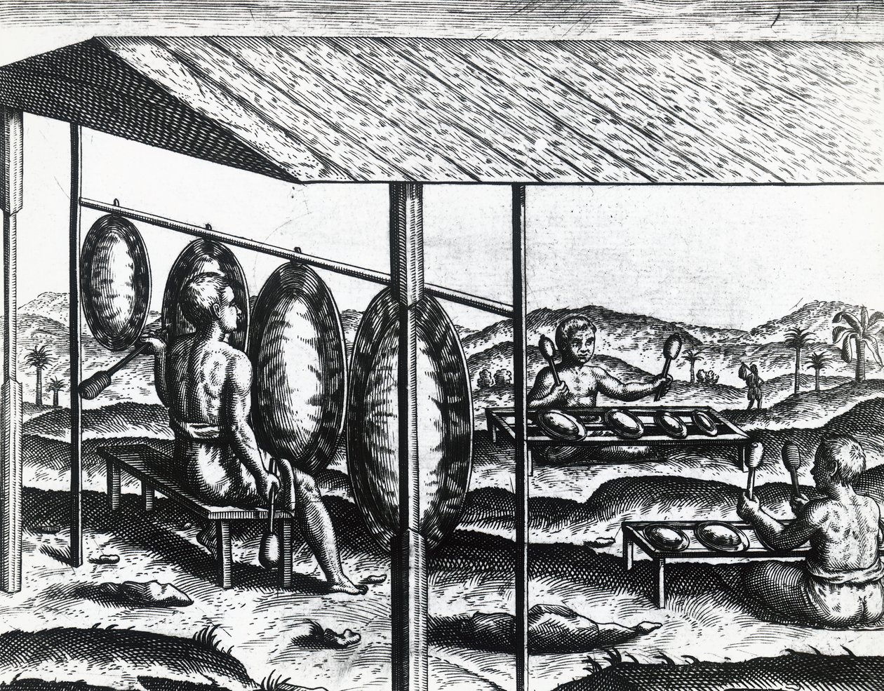 Strumenti musicali giavanesi, incisione da Theodore de Bry