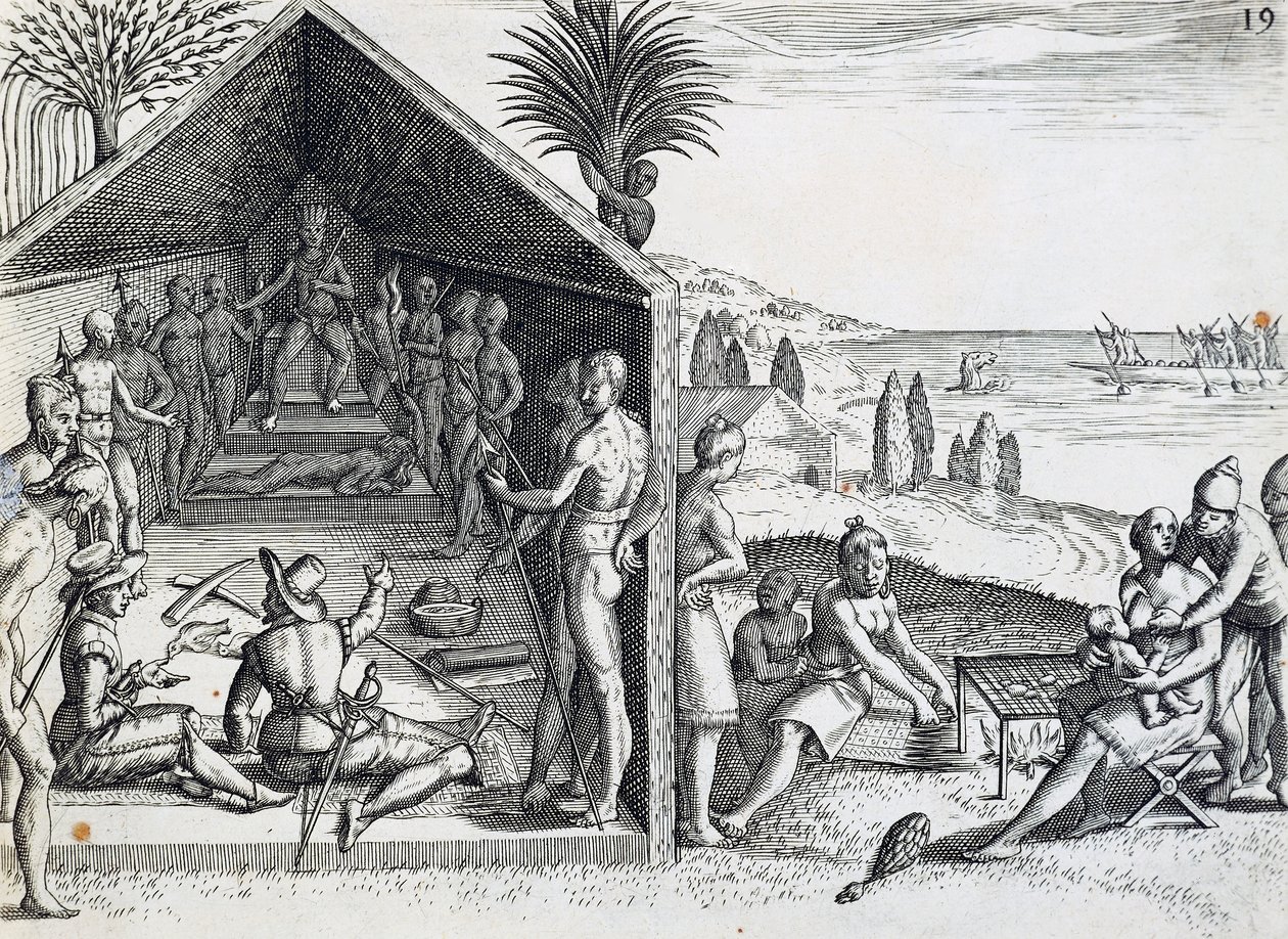 Re che riceve visitatori europei, Capo Lopez, Gabon, incisione da India orientalis di Theodor de Bry, Africa da Theodore de Bry