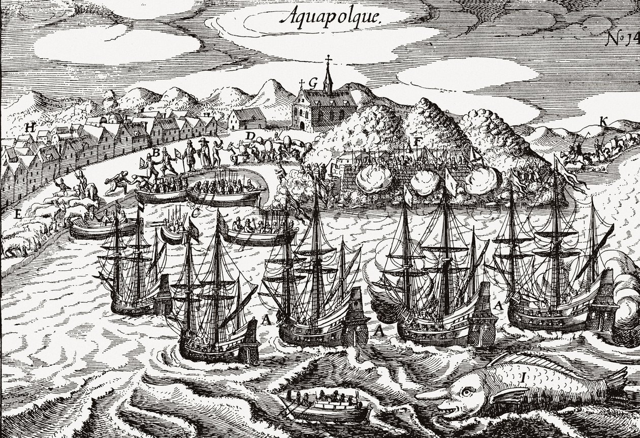 Messico, Vista di Acapulco - Messico (Aquapolque), Theodore de Bry, ca. 1630. Vista antica dell