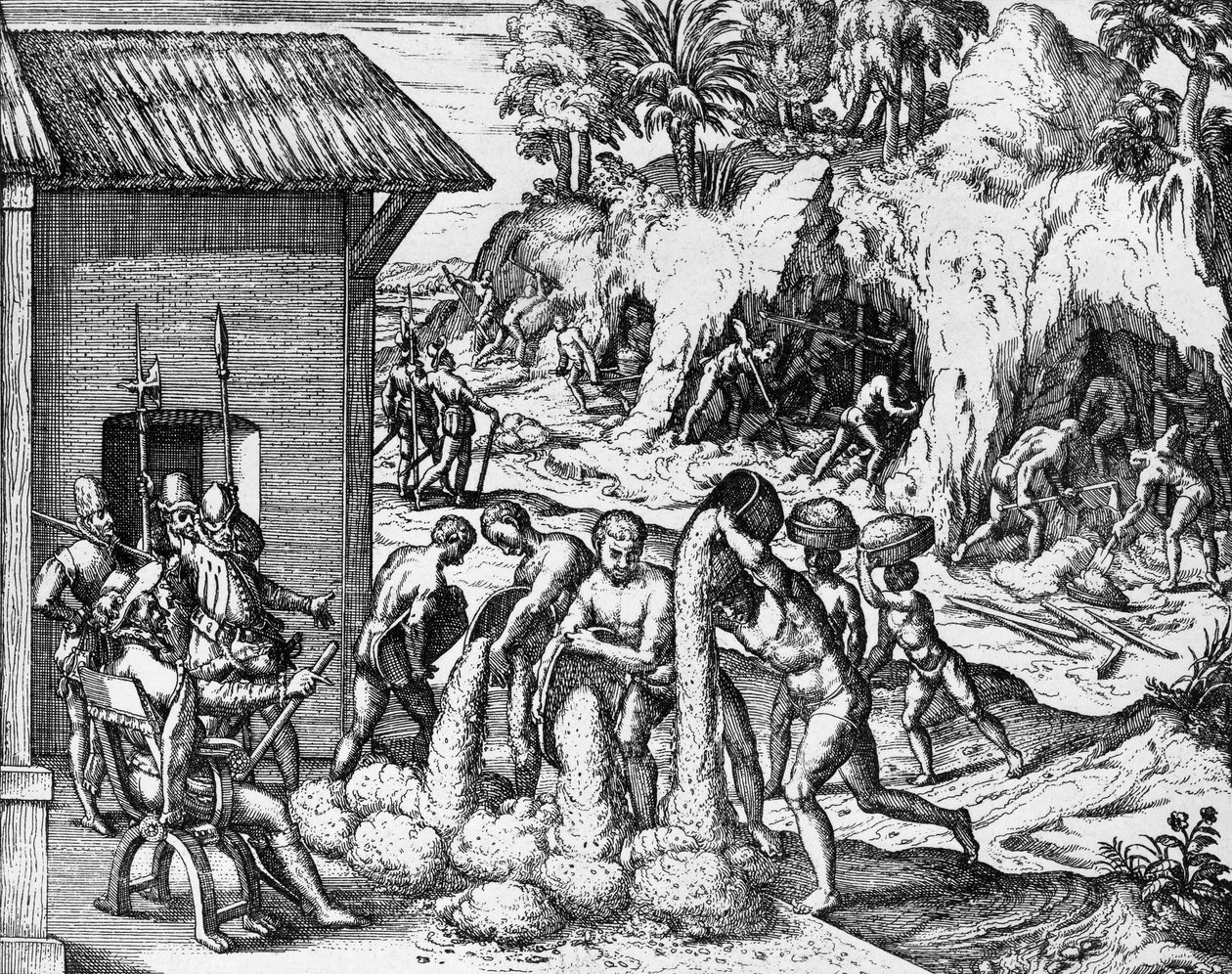 Estrazione di minerali in America Centrale e Meridionale, incisione da Americae pars V, di Theodor de Bry da Theodore de Bry