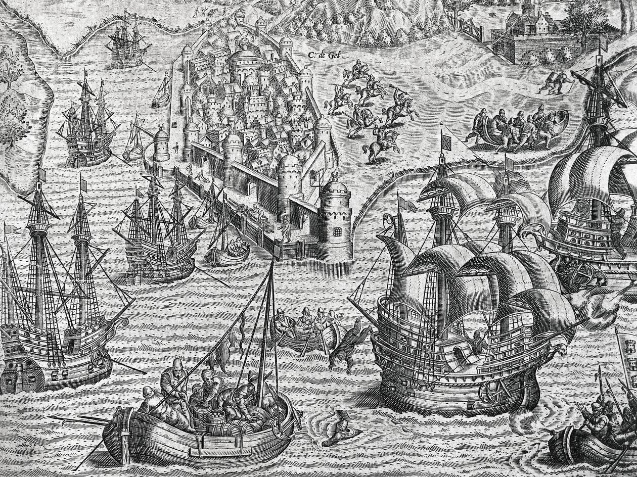 Battaglia navale, incisione da American History da Theodore de Bry