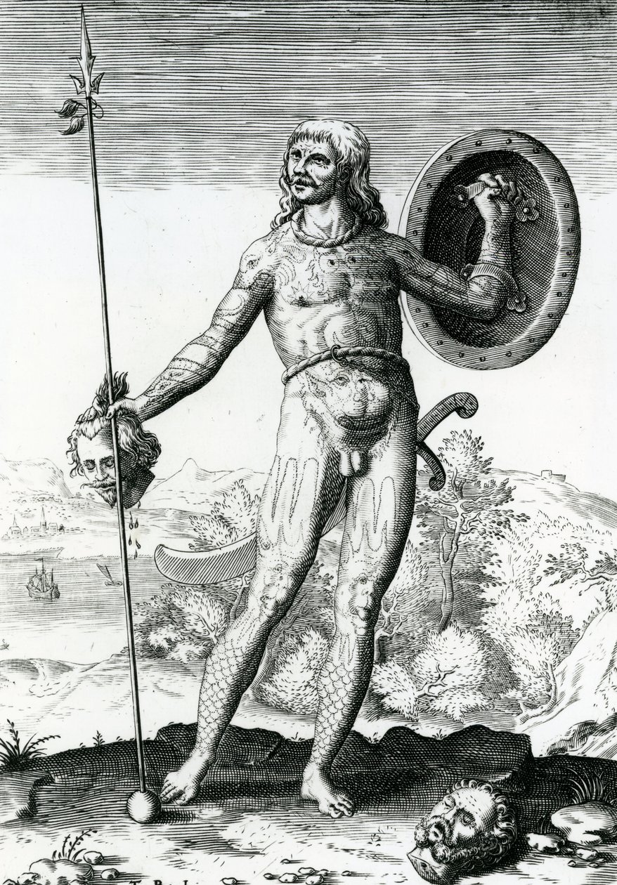 Uomo Pitto che tiene una Testa Umana da Theodore de Bry