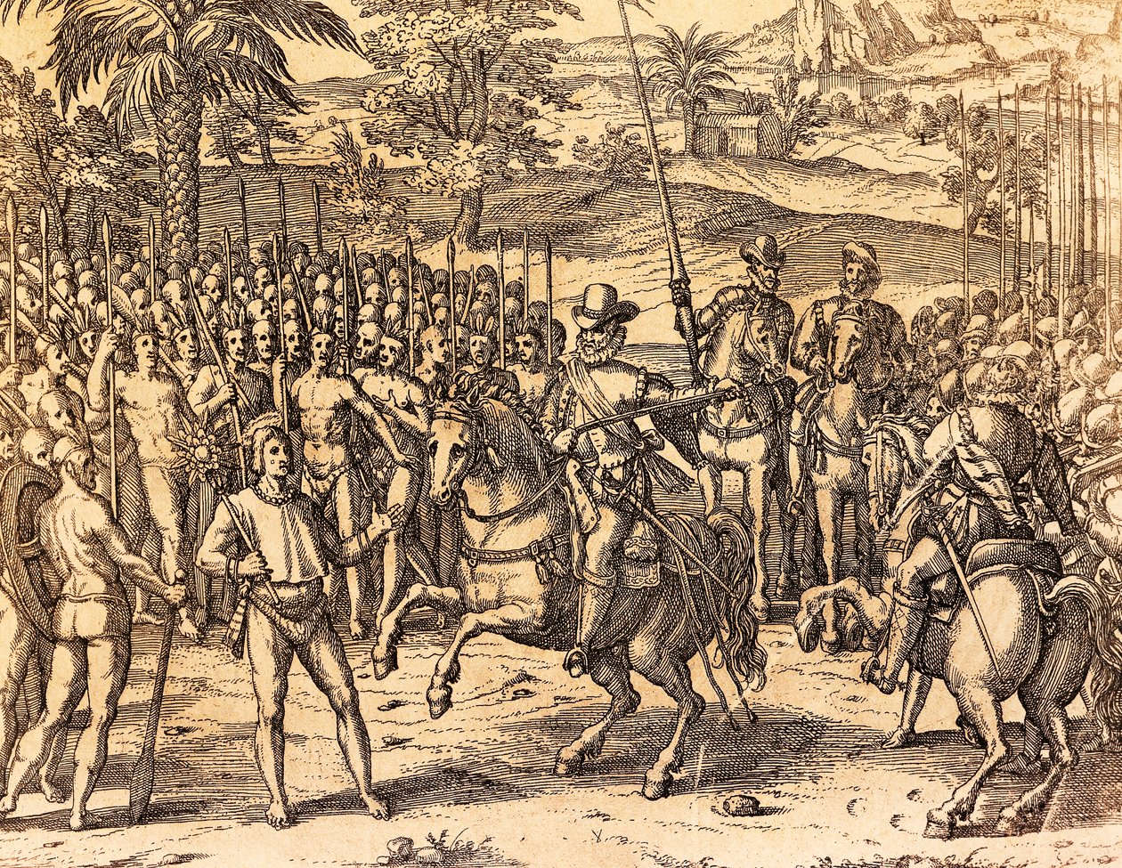 Pizarro accolto dai nativi da Theodore de Bry