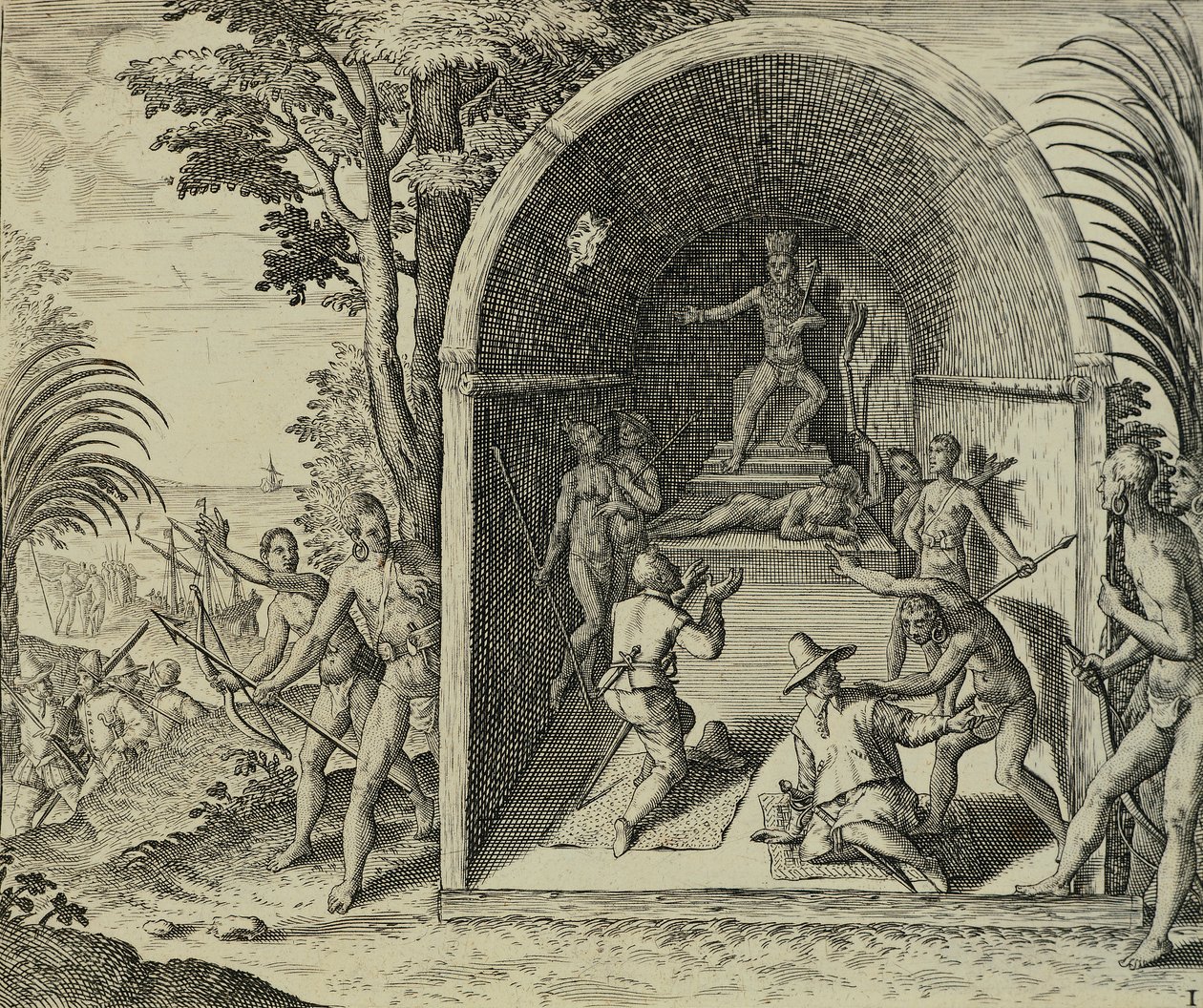 Navigatori portoghesi arrivano in Etiopia, illustrazione da Indiae Orientalis da Theodore de Bry