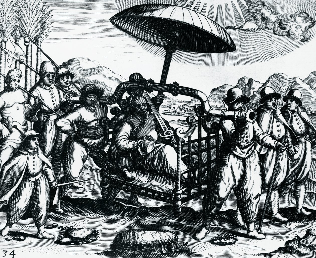 Portoghesi in India, trasportati su lettiga, incisione da Peregrinationes, di Theodor de Bry, India da Theodore de Bry