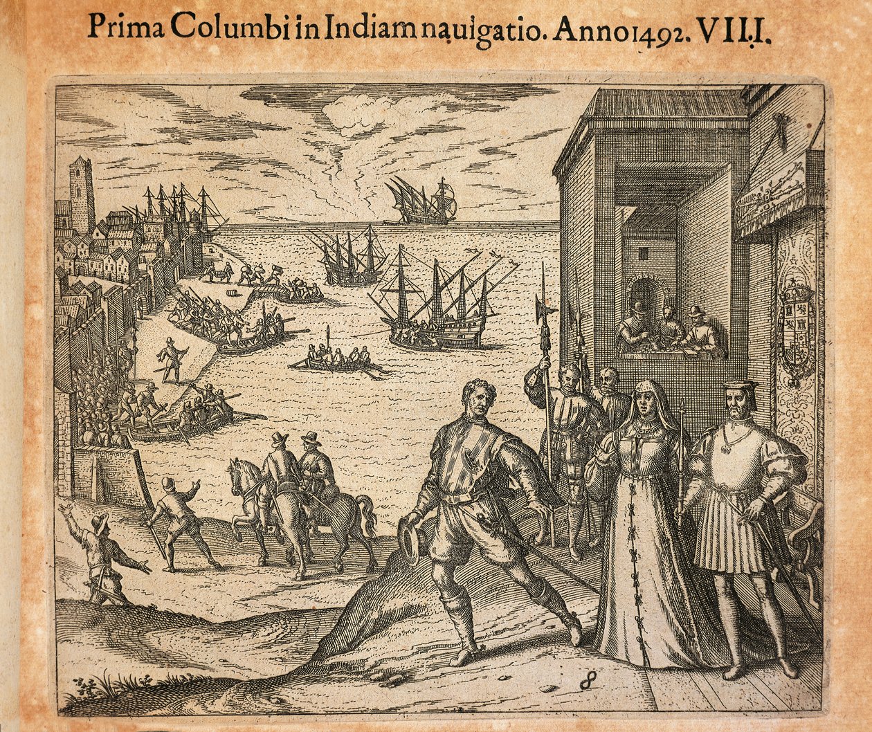 La regina Isabella e il re Ferdinando salutano la partenza di Cristoforo Colombo a Palos, Spagna, incisione di Theodor de Bry da Theodore de Bry