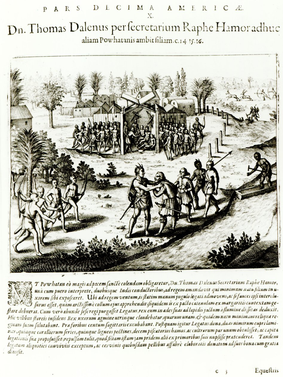 Ralph Hamor visita Powhatan, 1619 da Theodore de Bry