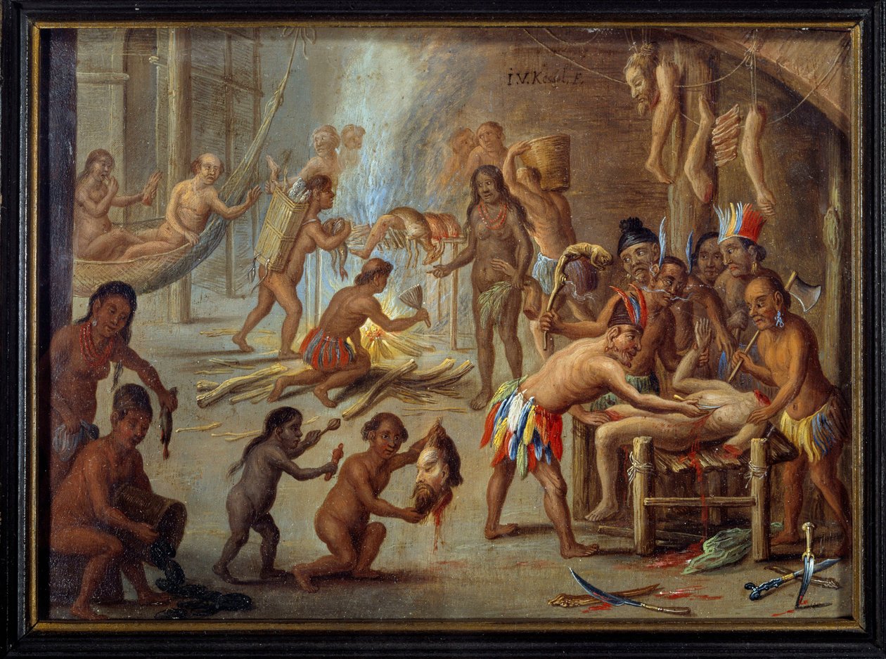 Scena di cannibalismo in Brasile nel 1644 da Theodore de Bry