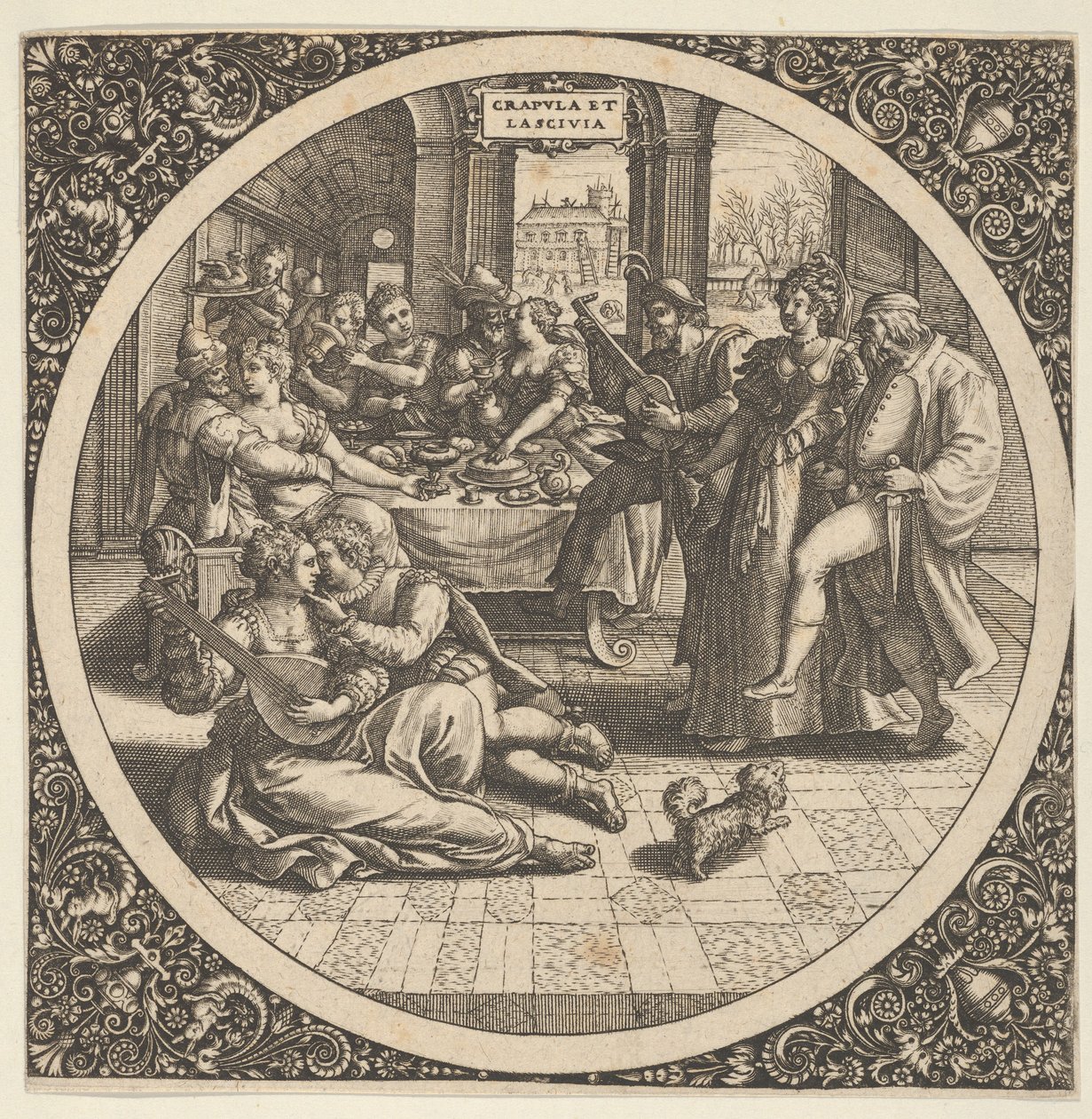Scena con galanti a un banchetto in un cerchio al centro da Theodore de Bry