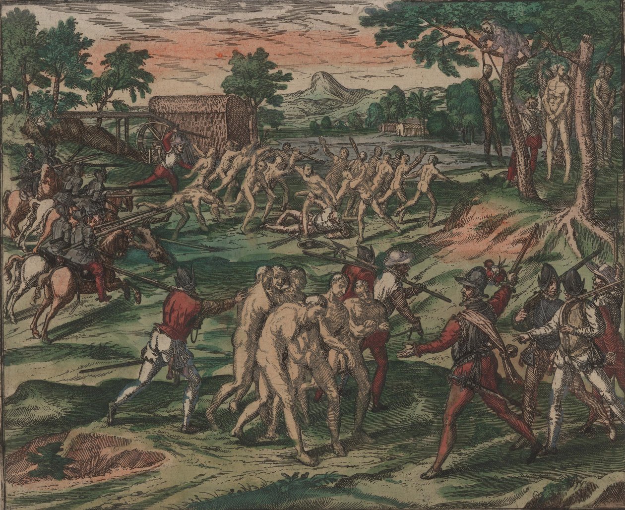 Gli schiavi tentano di sopraffare i loro padroni spagnoli, ma vengono catturati e impiccati agli alberi da Theodore de Bry