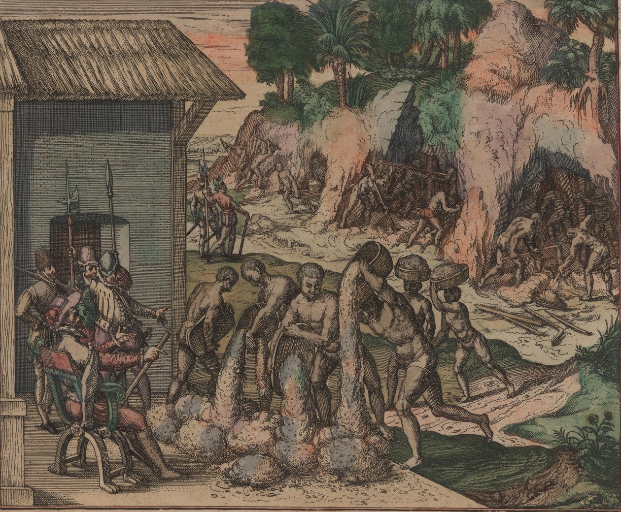Schiavi versano oro davanti ai soldati europei. Sullo sfondo, schiavi lavorano nelle miniere, 1595 da Theodore de Bry