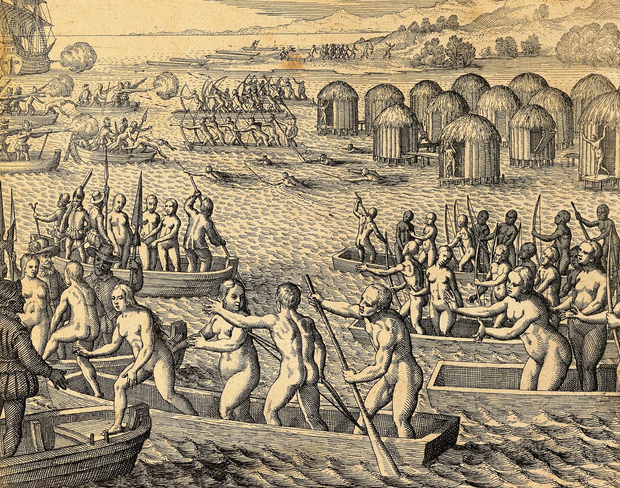Indigeni sudamericani che attaccano le navi dei conquistatori da Theodore de Bry