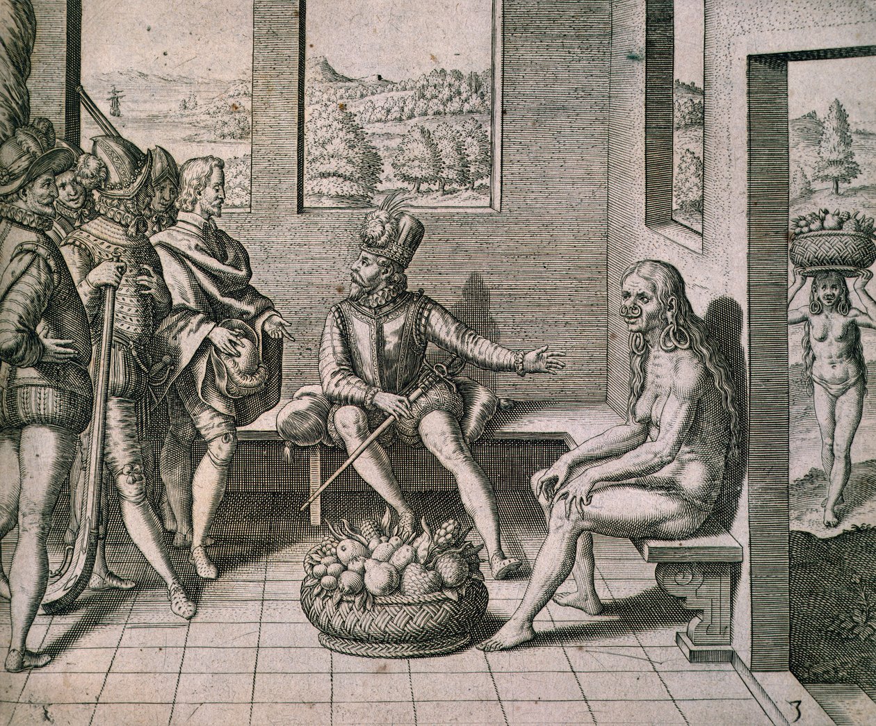 Conquistatori spagnoli che incontrano donne native in America da Theodore de Bry