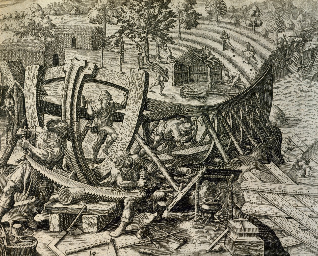 Marinai spagnoli che costruiscono una caravella, incisione da Historia Americae, di Theodor de Bry da Theodore de Bry