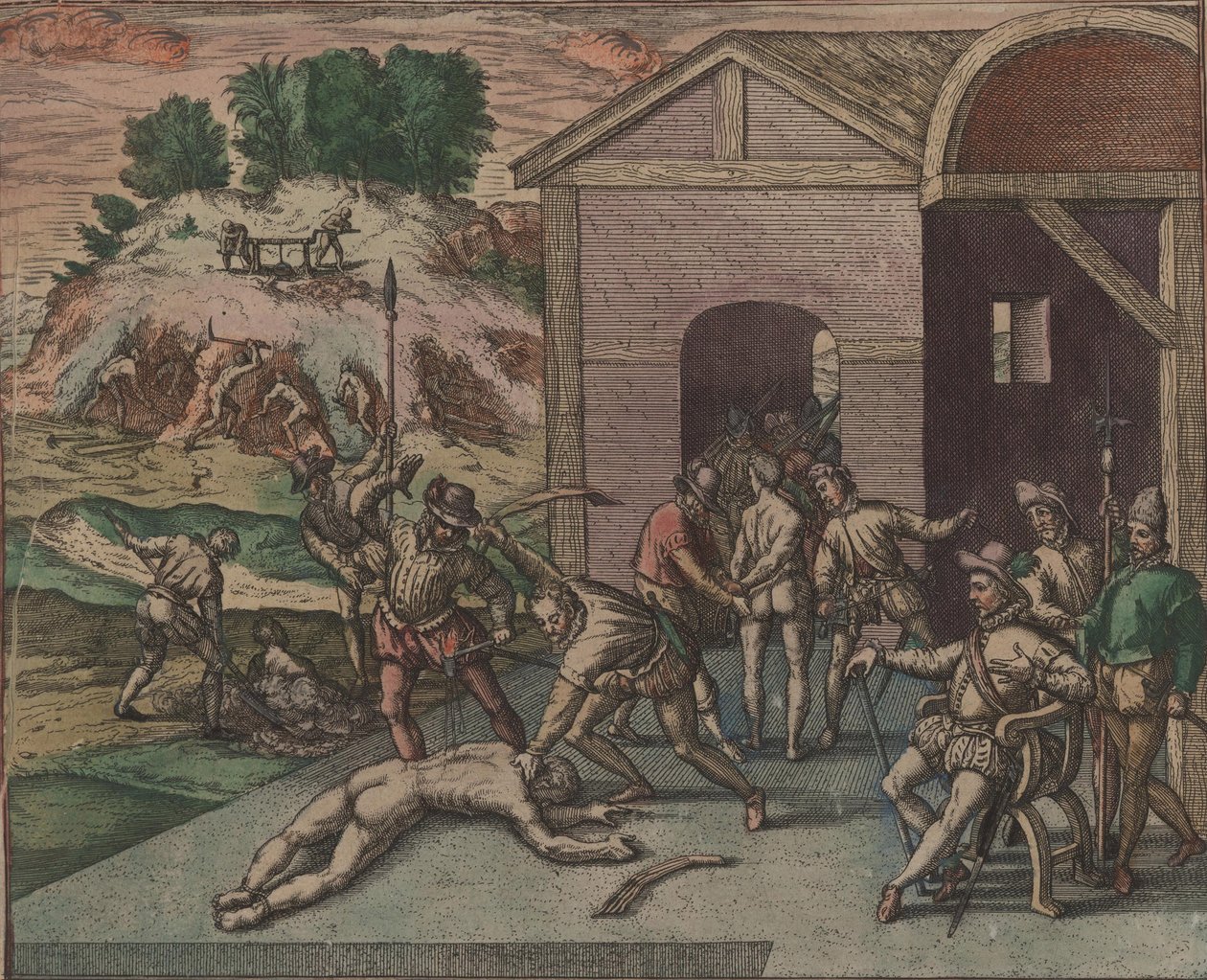 Soldati spagnoli osservano e eseguono la punizione di uno schiavo, 1595 da Theodore de Bry