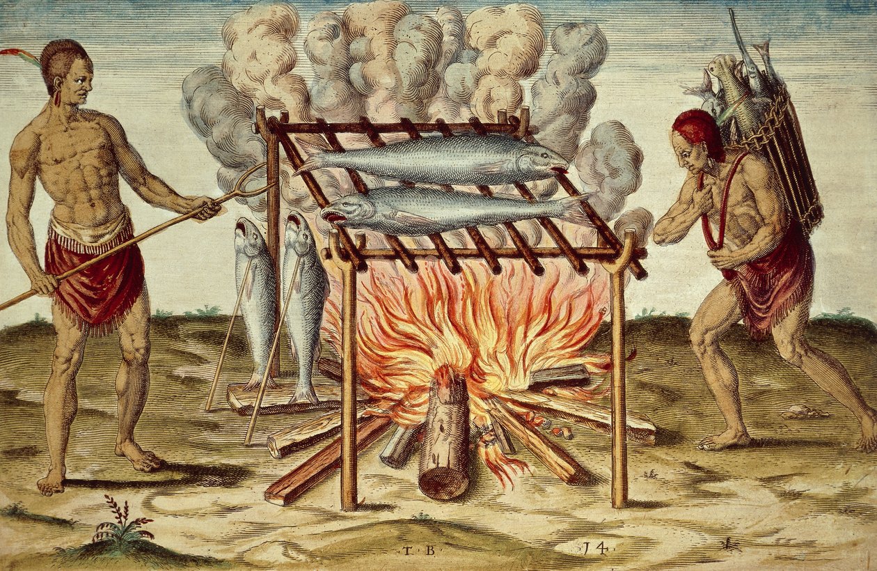 Indigeni Taino che cucinano pesce, incisione a colori di Theodor de Bry (1528-1598) da un dipinto di John White, da Breve e veritiero resoconto della nuova terra trovata della Virginia da Theodore de Bry