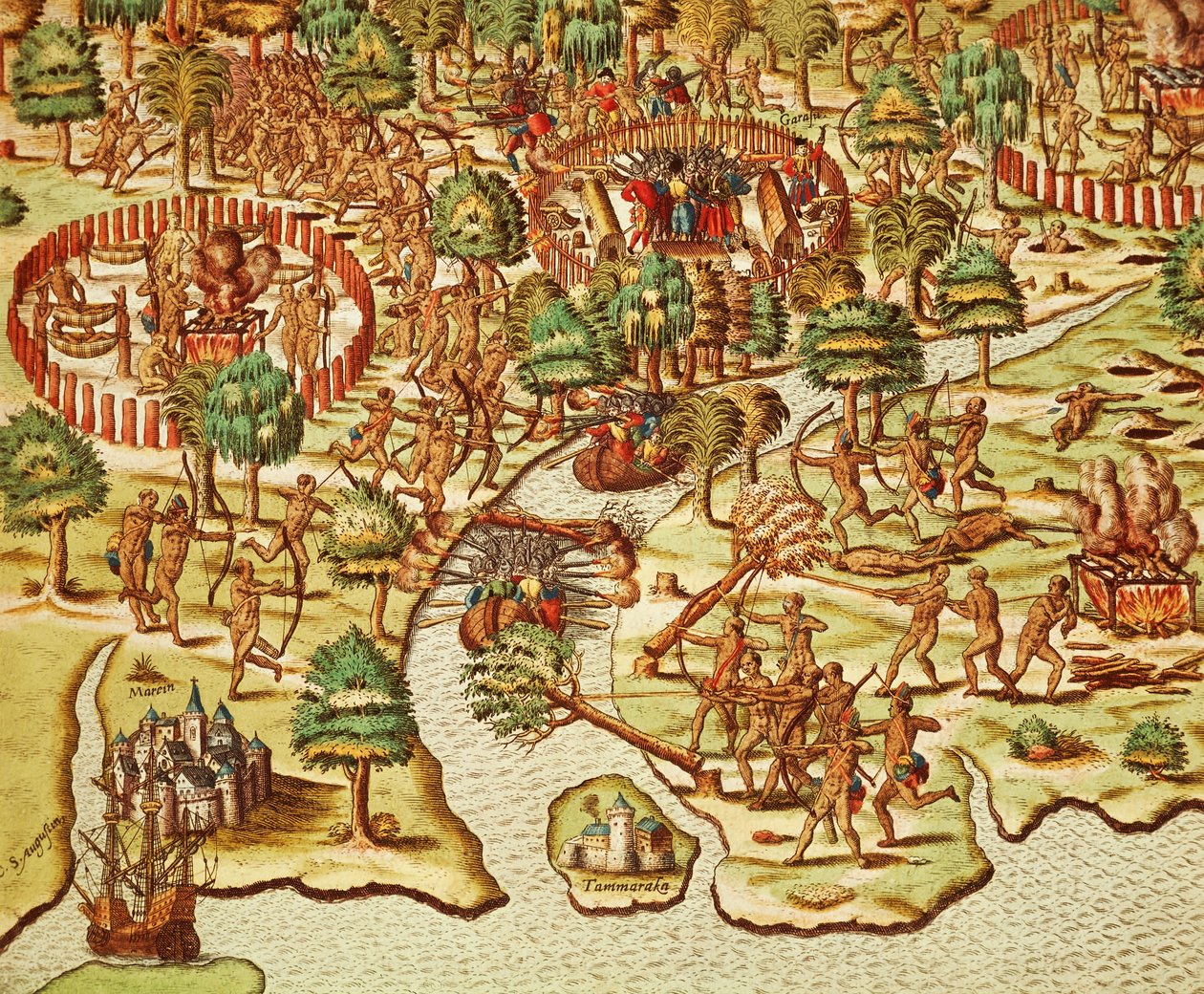 Tecniche di assedio e attacco, incisione di Theodor de Bry (1528-1598), da Americae tertia pars da Theodore de Bry