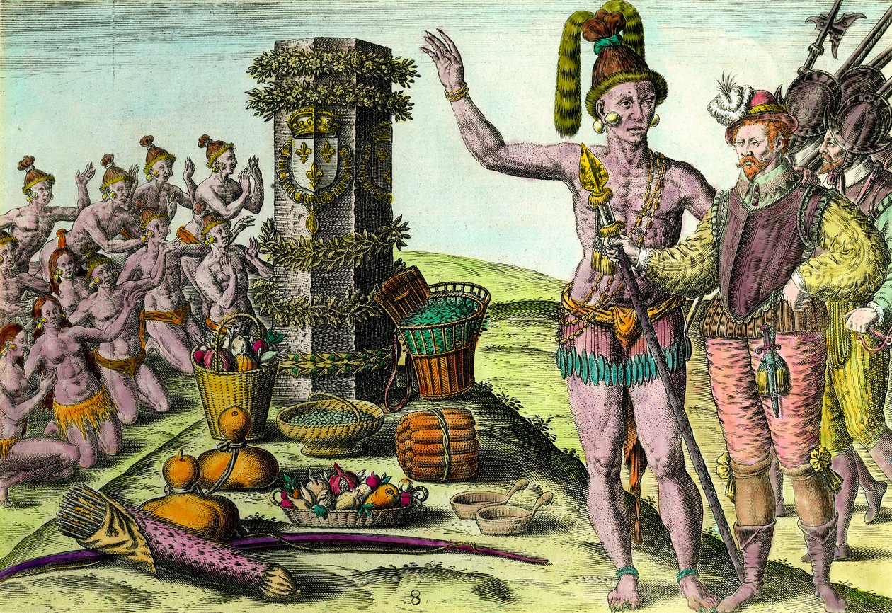 I floridiani arrivarono alla colonna eretta dal navigatore francese Jean Ribault (1520-1565) della prima spedizione in Florida Incisione da Storia d