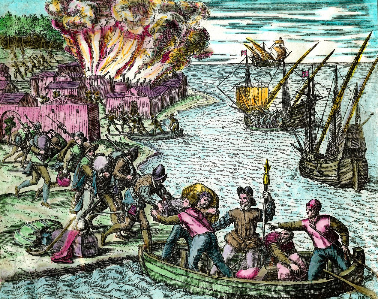 I francesi saccheggiano e bruciano la città di Chioreran. Incisione da “Storia dell
