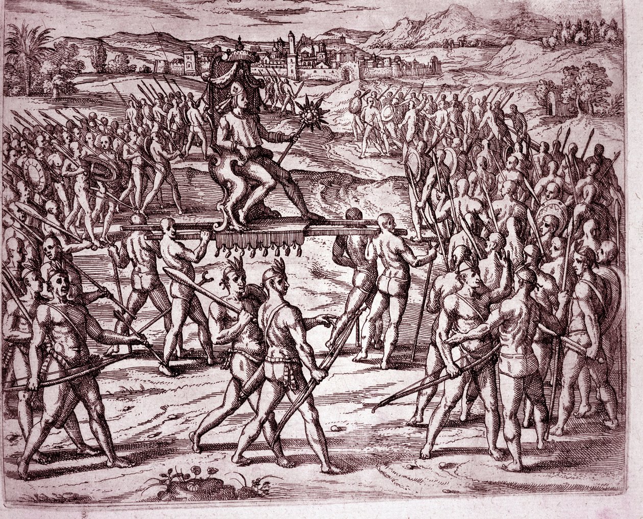 Il re Inca, Atahualpa (o Atabaliba), con uno scettro a forma di sole, viene portato su una lettiga per incontrare Francisco Pizarro (incisione) da Theodore de Bry