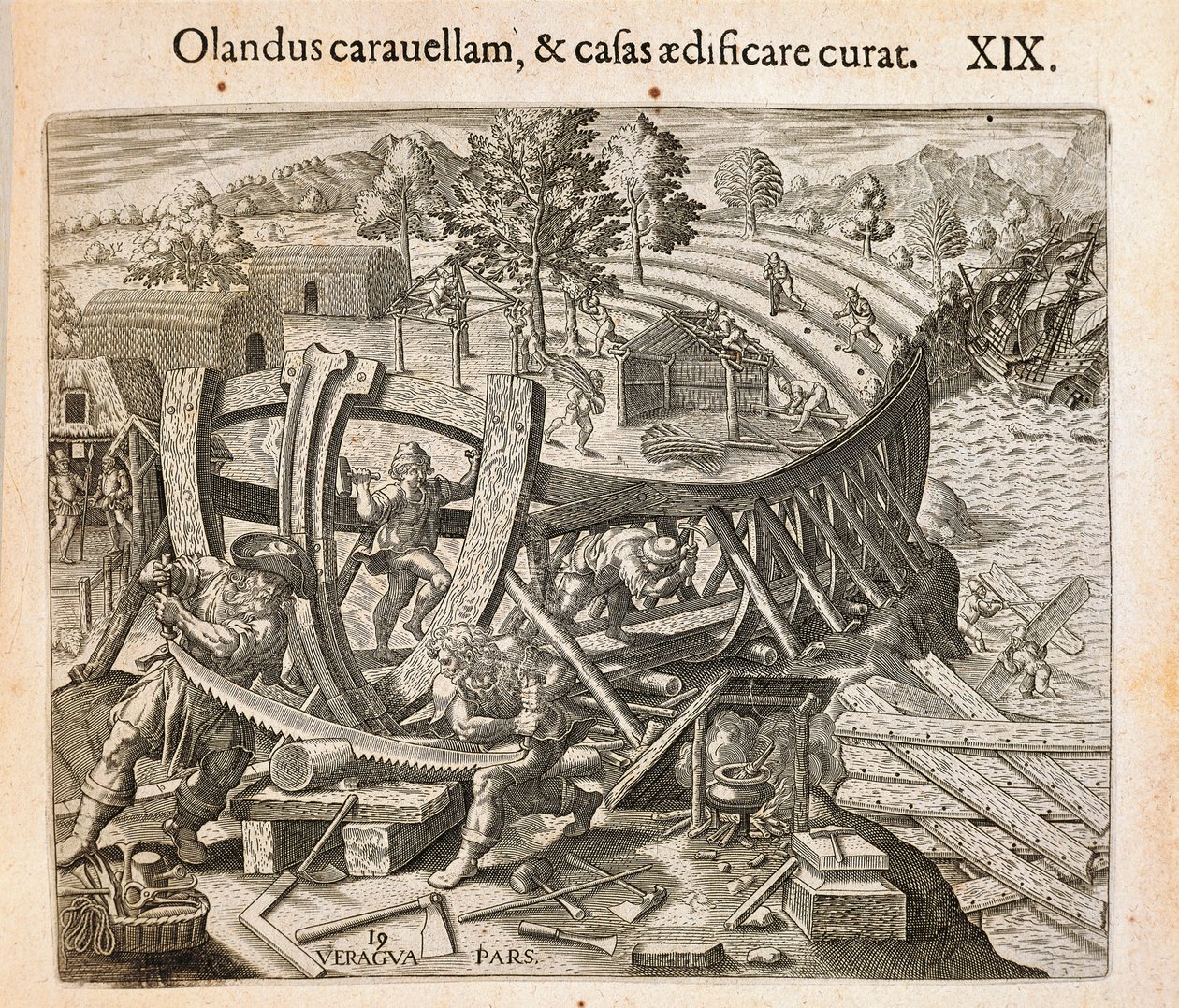 Gli spagnoli costruiscono la loro prima nave nel Nuovo Mondo, incisione di Theodor de Bry da Americae pars quarta, sive, Insignis et admiranda historia de reperta primum Occidentali India Christophoro Columbo, di Girolamo Benzoni da Theodore de Bry