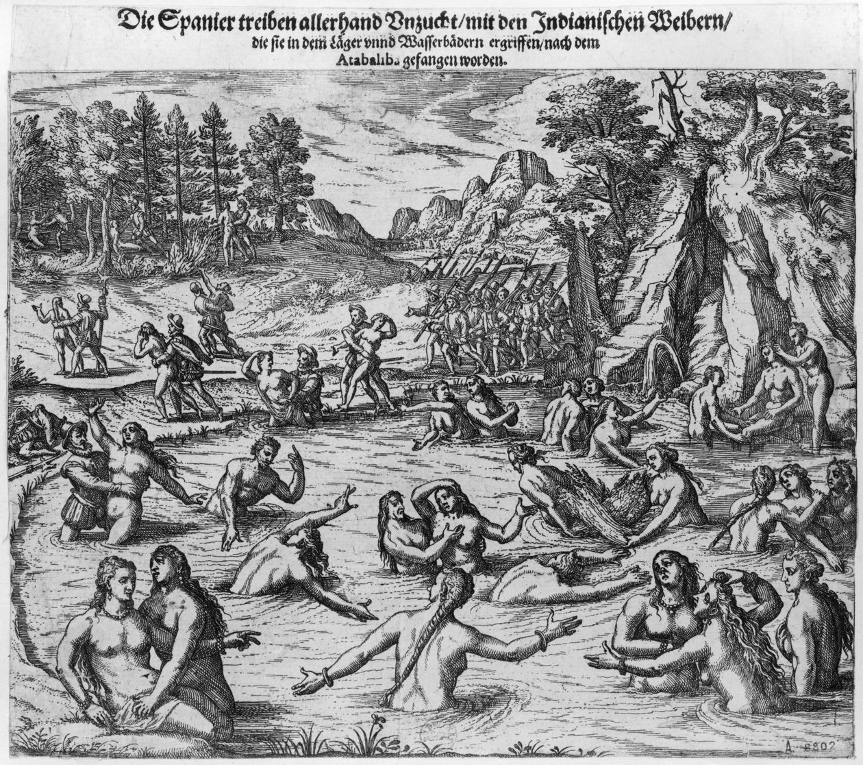 Gli spagnoli abusano delle donne indiane dopo la cattura del re Atahualpa (c.1502-33) nel 1532 da Theodore de Bry