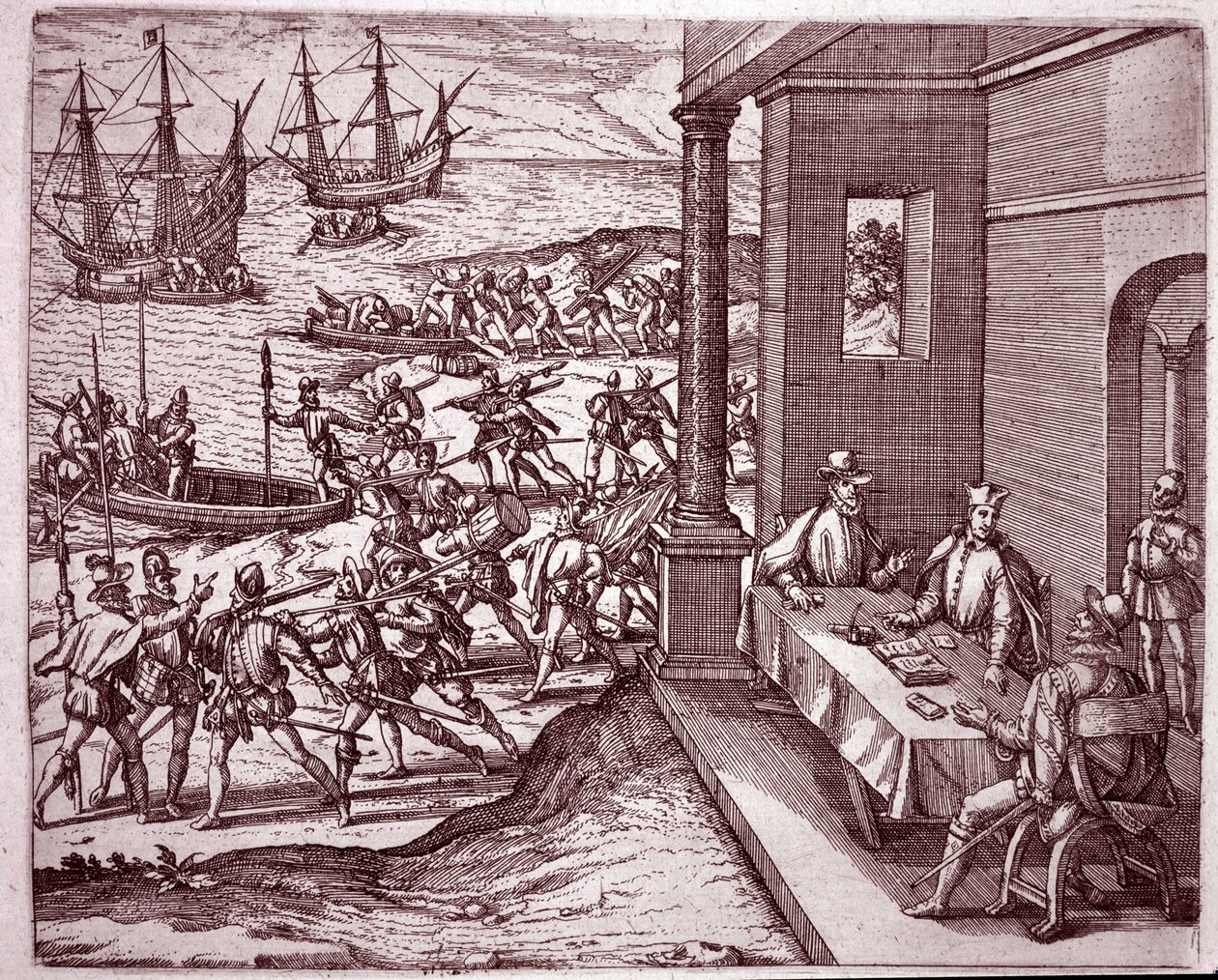 I conquistadores spagnoli Francisco Pizarro, Diego de Almagro e Hernando de Luque unirono le forze per conquistare il Perù (incisione) da Theodore de Bry