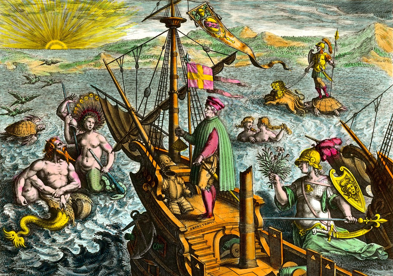La nave del navigatore italiano Amerigo Vespucci (1454 - 1512) da Theodore de Bry
