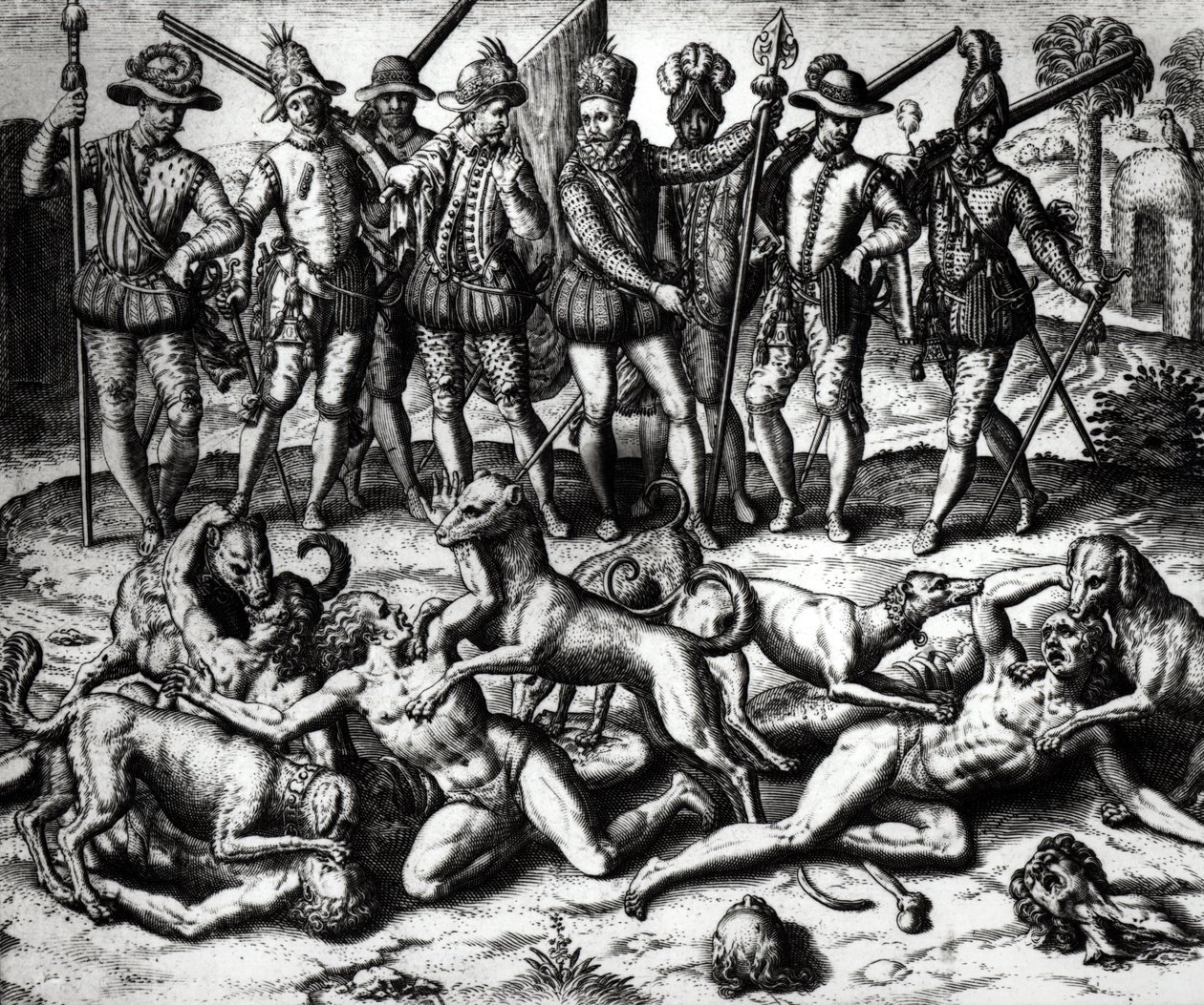 I cani di Vasco Nunez de Balboa attaccano gli indiani da Theodore de Bry