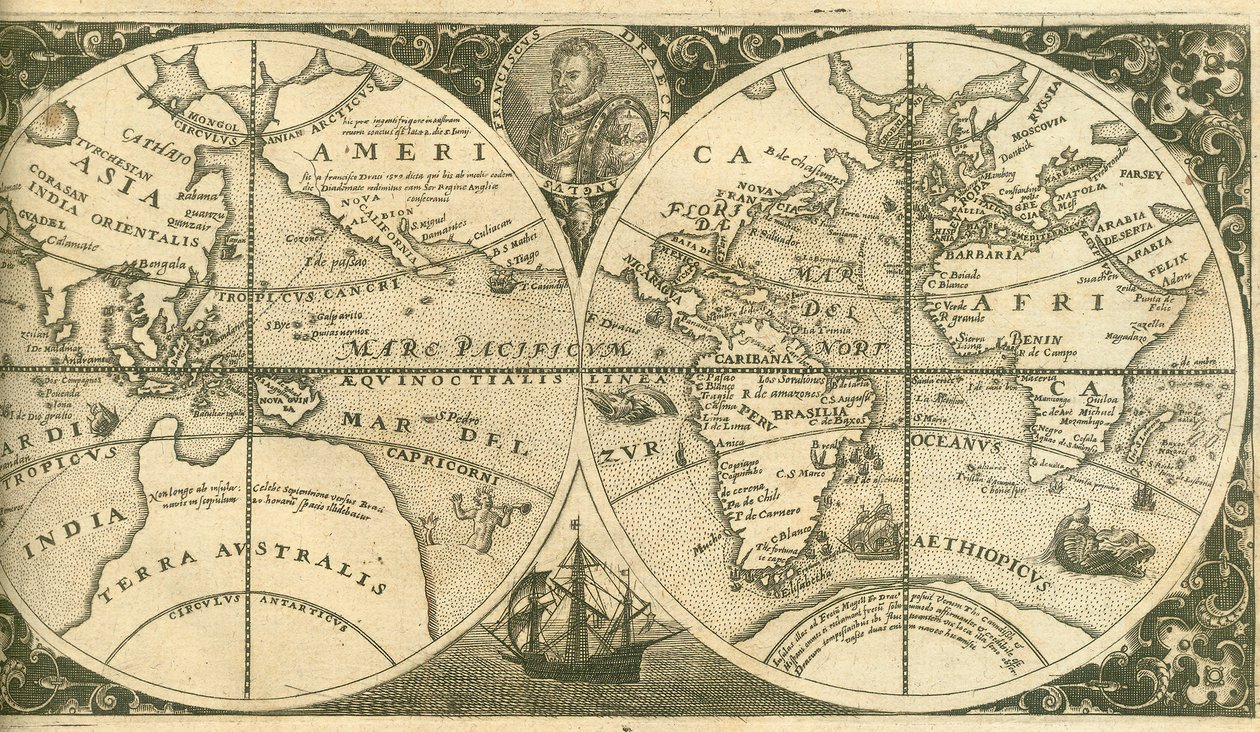 Pagina del titolo di Americae Pars VIII con un ritratto di Francis Drake e la sua nave, il Golden Hind da Theodore de Bry