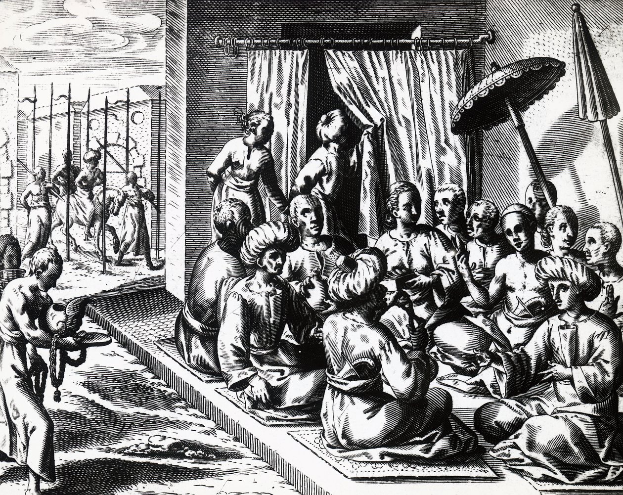 Cerimonia di matrimonio a Bantam, Isola di Giava, incisione di Theodor de Bry da Theodore de Bry
